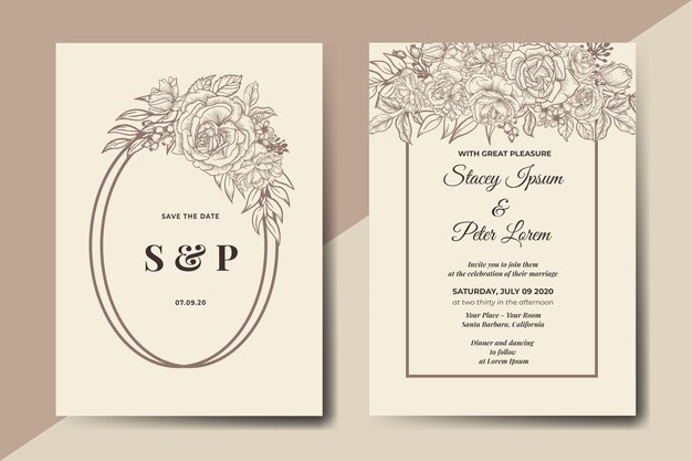 Handdrawn vintage floral wedding invitation card