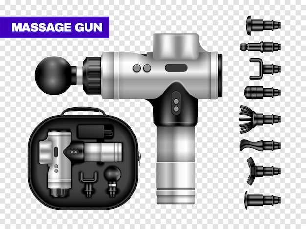 Massaggiatore a percussione portatile per massaggio dei tessuti profondi con custodia e kit di ugelli set trasparente illustrazione vettoriale realistica