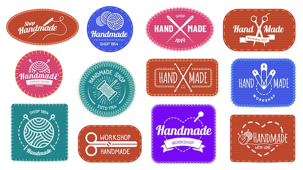 Handmade badges logo, graphic logotype tag label, quality handmade company, craft tailor and sewing, vector illustration