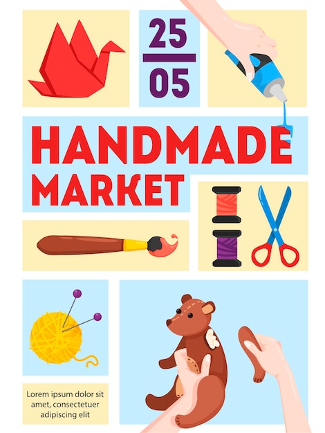 Free vector handmade market poster template with date time paper piecing assembling toys painting knitting