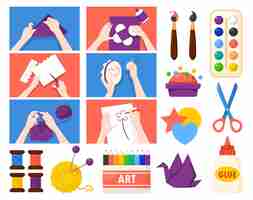 Free vector handmade presents gifts creative art business stress relieving activities flat set with paper folding knitting painting  illustration