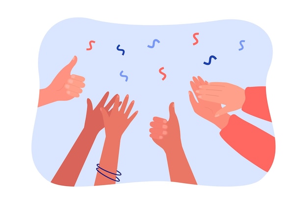 Hands clapping and giving thumbs up. crowd of diverse people\
applauding, audience cheering flat vector illustration. success,\
celebration, support concept for banner, website design or landing\
page