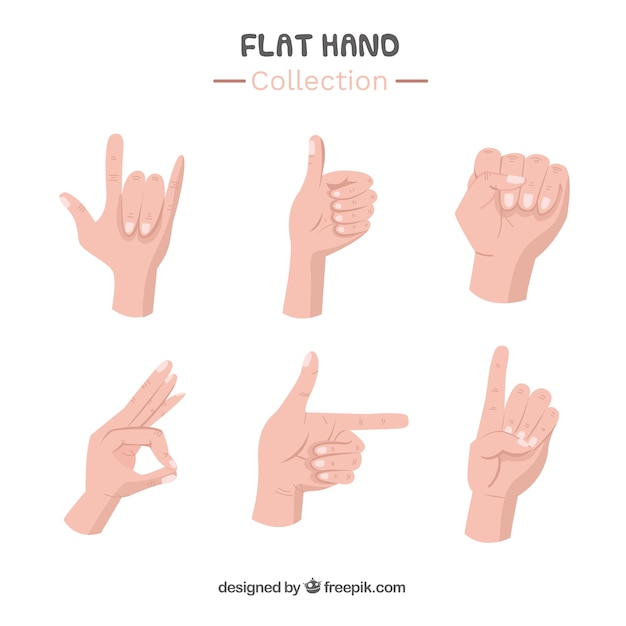 Hands collection with different poses in flat style