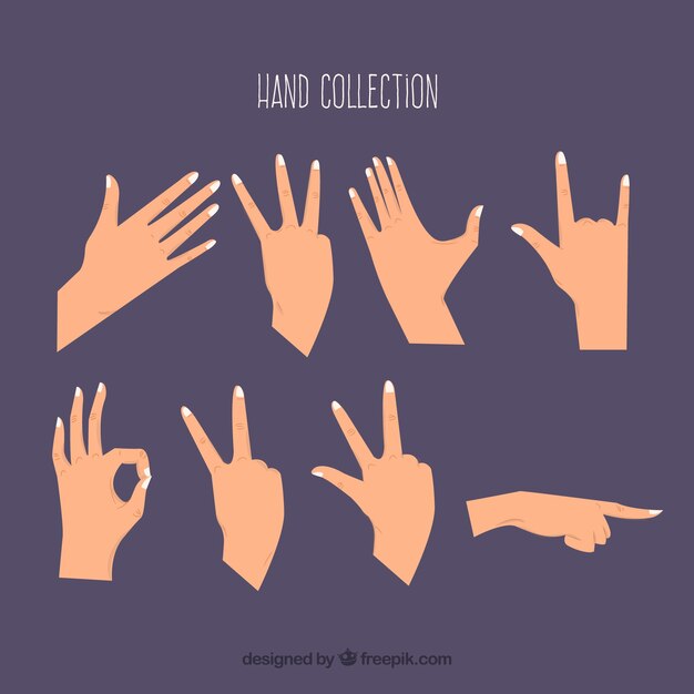 Hands collection with different poses in flat style