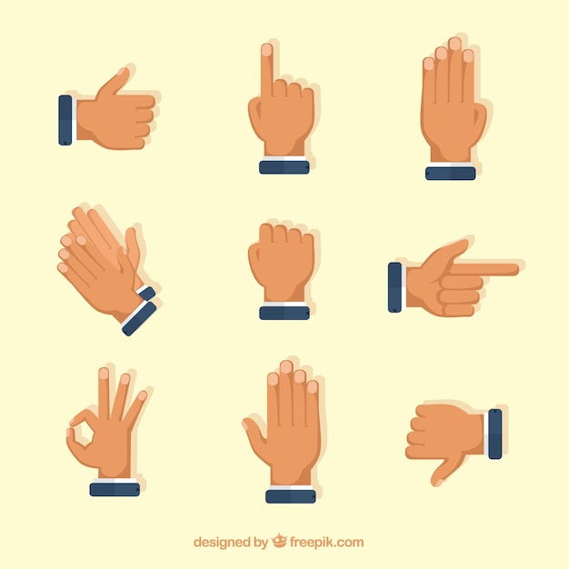 Hands collection with different poses in flat style