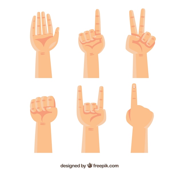 Hands collection with different poses in flat style
