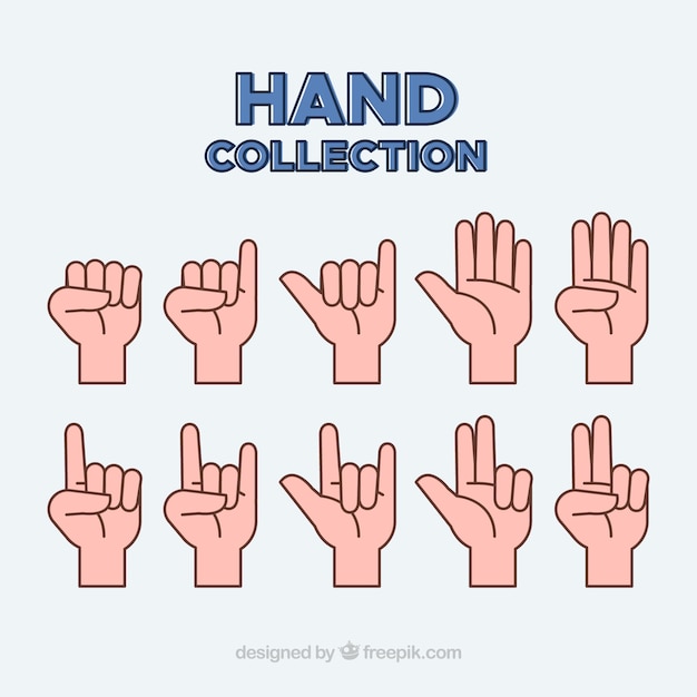 Hands collection with different poses in flat style