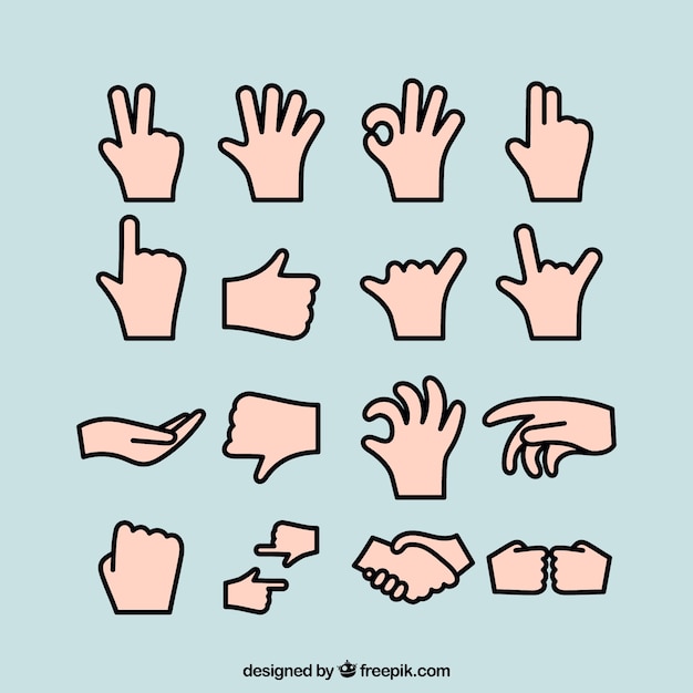 Hands collection with different poses in flat syle