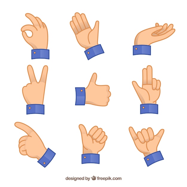 Hands collection with different poses in flat syle