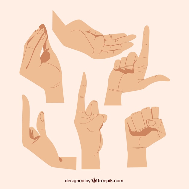 Hands collection with different poses in hand drawn style