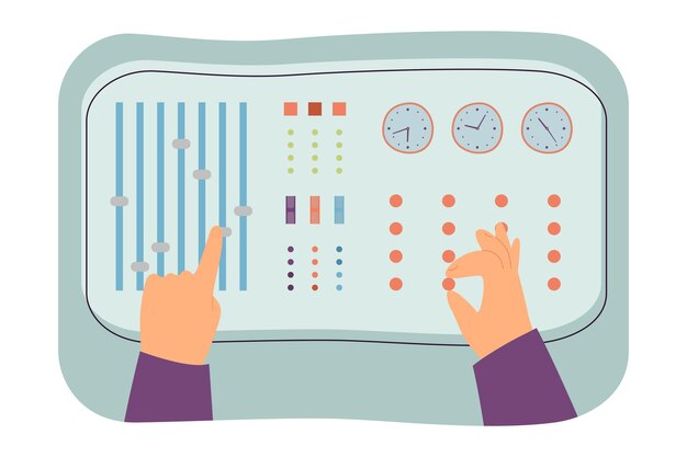 Hands on control dashboard panel flat vector illustration. Operator pushing buttons, adjusting volume, setting indicator dials. Occupation concept for banner, website design or landing web page