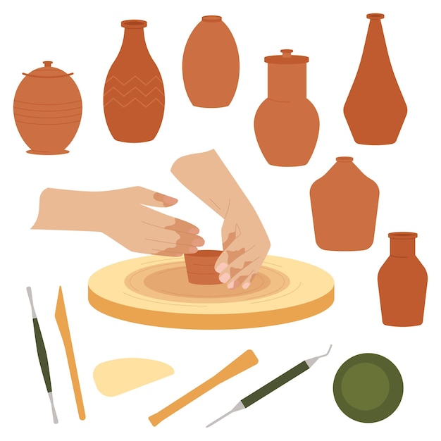 Vettore gratuito le mani creano una composizione piatta con un set di icone isolate con strumenti di routine in ceramica e illustrazione vettoriale di prodotti fatti a mano
