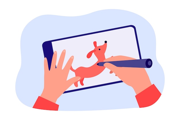Hands of digital artist drawing cute comic dog on graphic tablet. Graphic designer holding stylus or pen flat vector illustration. Graphic design, creativity concept for banner or landing web page