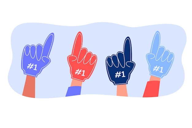 Hands of football or soccer fans cheering with foam fingers. People supporting best team during competition or championship flat vector illustration. Support, sports concept for banner, website design