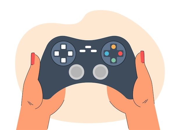 Vettore gratuito mani del giocatore che tengono il gamepad per giocare ai videogiochi online. donna che gioca con l'illustrazione vettoriale piatta del dispositivo console. intrattenimento, concetto di gioco per banner, progettazione di siti web o pagine web di destinazione