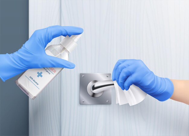 Hands in gloves door handle desinfection realistic composition with human hands applying sanitizer disinfecting door pull