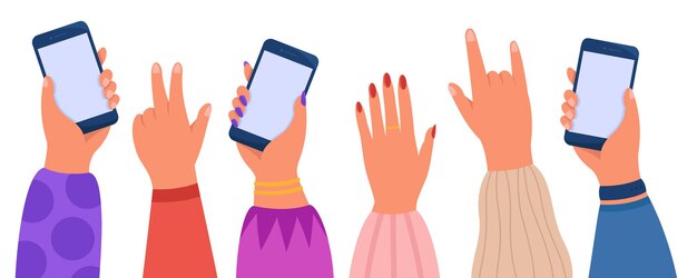 Hands of group of people holding phones at concert or party