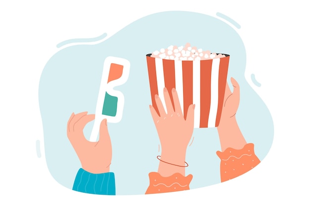 Mani che tengono scatola di popcorn e occhiali 3d. amici o coppie che si preparano per guardare film o film nell'illustrazione vettoriale piatta del cinema. intrattenimento, concetto di cinematografia