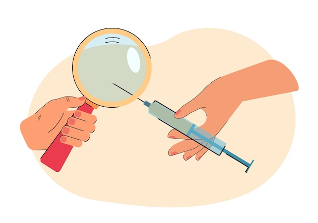 Hands holding magnifying glass and syringe. Person studying vaccine under magnifier flat vector illustration. Health, medicine, vaccination concept for banner, website design or landing web page