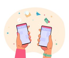 hands holding mobile phones with news on screen. people reading online blogs of journalists in social media, website with articles, newspaper information flat vector illustration. journalism concept