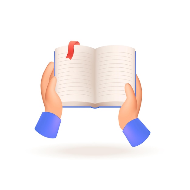 Free vector hands holding open book or notebook for studying 3d illustration. cartoon drawing of hands of student with textbook in 3d style on white background. education, literature, wisdom concept