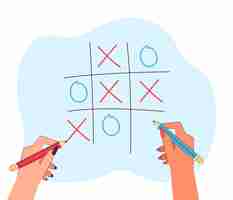 Free vector hands holding pencils to play tic tac toe. people drawing crosses and noughts in simple game for children flat vector illustration. strategy concept for banner, website design or landing web page