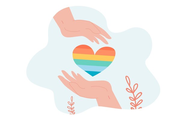 Руки держат радужное сердце. Поддержка и любовь к ЛГБТ-сообществу со стороны людей с плоской векторной иллюстрацией. Образ жизни сексуальной свободы, гордость, концепция равенства для баннера, дизайна веб-сайта или целевой веб-страницы