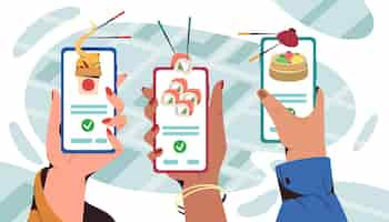 Free vector hands holding smartphone with mobile app for order asian food