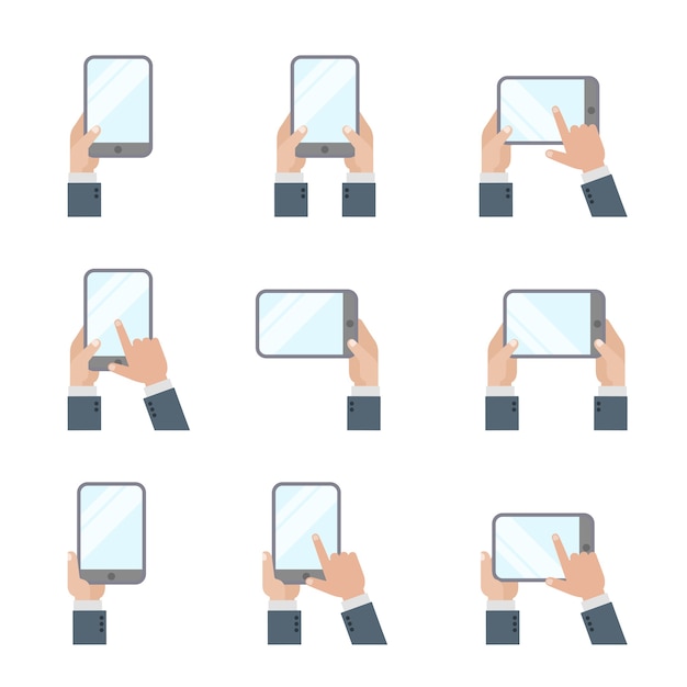 Mani che tengono tablet pc smartphone mano toccando le icone dello schermo in stile piatto segni di gesti di telefoni cellulari e tablet digitali.