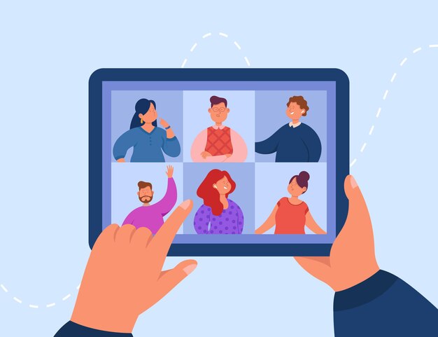 Hands holding tablet  with video call flat vector illustration. Digital device with online group conference or remote meeting of colleagues. Social media, communication, technology vector illustration