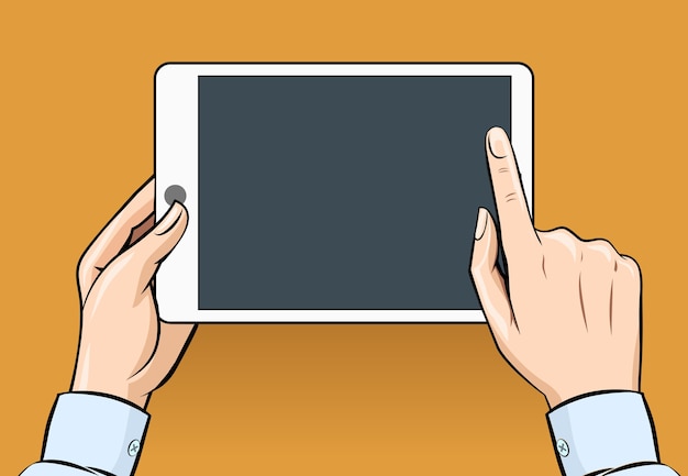 Free vector hands holding and touching on digital tablet in vintage style. communication and computer, internet, mobile electronic