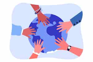 Бесплатное векторное изображение Руки разных людей на земном шаре. команда мультикультурных людей, сотрудничающих вместе с плоской векторной иллюстрацией. командная работа, поддержка, партнерство, концепция доверия для баннера, дизайна веб-сайта или целевой страницы