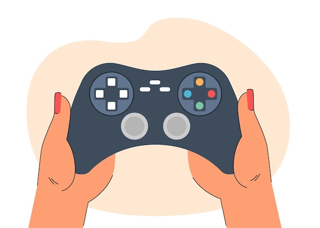 無料ベクター オンラインビデオゲームをプレイするためにゲームパッドを持っているゲーマーの手。コンソールデバイスフラットベクトルイラストで遊ぶ女性。エンターテインメント、バナーのゲームコンセプト、ウェブサイトのデザインまたはランディングウェブページ