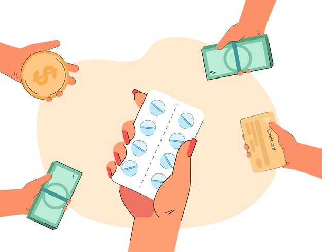 Hands offering money to person holding pills. Hand with medication, people with gold coin, banknotes and credit card flat vector illustration. Medicine, health concept for banner or landing web page