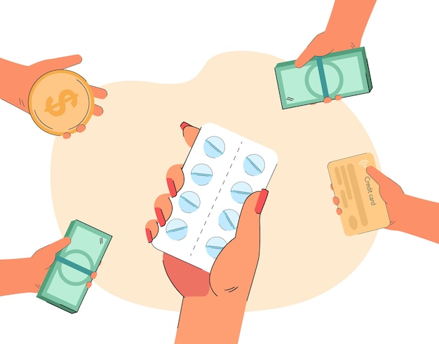 약을 들고 있는 사람에게 돈을 제공하는 손. 약물, 금화, 지폐, 신용 카드 평면 벡터 삽화를 가진 사람들. 배너 또는 방문 웹 페이지에 대한 의학, 건강 개념