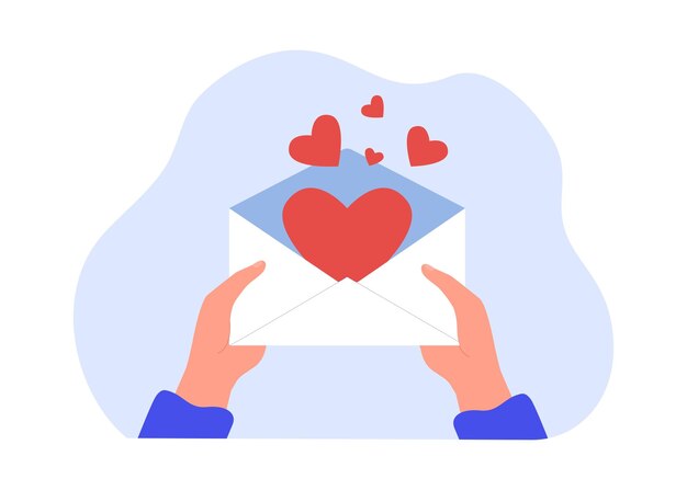ハートが入った封筒を開く手。告白フラットベクトルイラストで手紙を持っている人。バナー、ウェブサイトのデザインまたはランディングウェブページの愛、ロマンス、バレンタインデーのコンセプト