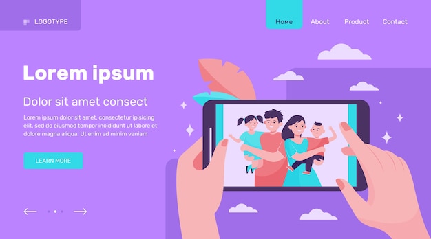 Mani di persona che guarda foto di famiglia e bambini su smart phone. foto di genitori e bambini felici sullo schermo del cellulare. illustrazione vettoriale per la memoria, la comunicazione, il concetto di solidarietà