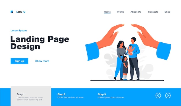 Hands protecting family with two children. young couple of parents holding baby, standing together under human palms. for family safety, state protection, assistance, care concept  landing page