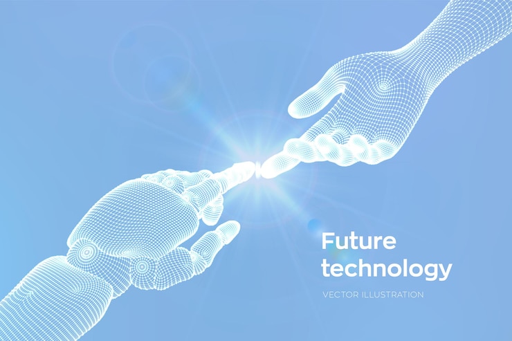 Free Vector hands of robot and human touching. cyborg finger about to touch human finger. symbol of connection between people and artificial intelligence. science, future technology. vector illustration.