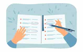 Free vector hands of student doing test or writing in planner. person writing in notebook with pen and highlighting information flat vector illustration. education, planning concept for banner or landing web page