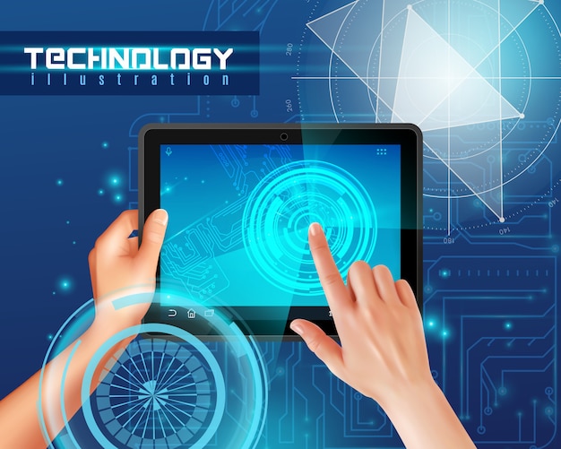 Free vector hands on tablet touchscreen realistic top view image against blue glossy abstract digital technology