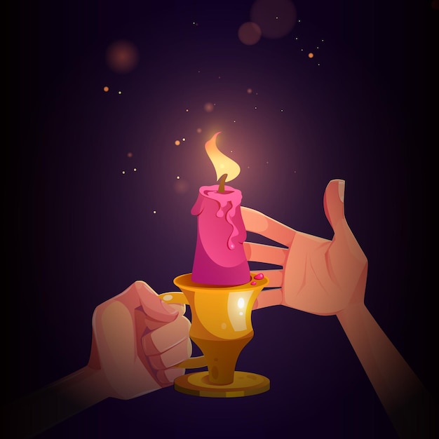 Бесплатное векторное изображение Руки со свечой в металлическом подсвечнике с векторной иллюстрацией ручки для книги или компьютерной игры с человеческими ладонями, покрывающими горящий огонь искрами от ветра в темной комнате, вид от первого лица