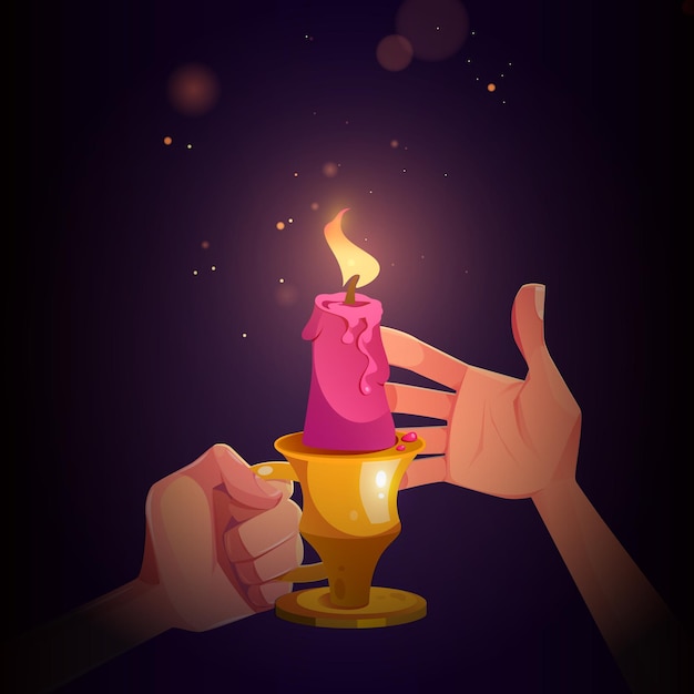 Free vector hands with candle in metal candlestick with handle cartoon vector illustration for book or computer game with human palms covering burning fire with sparkles from wind in dark room first person view