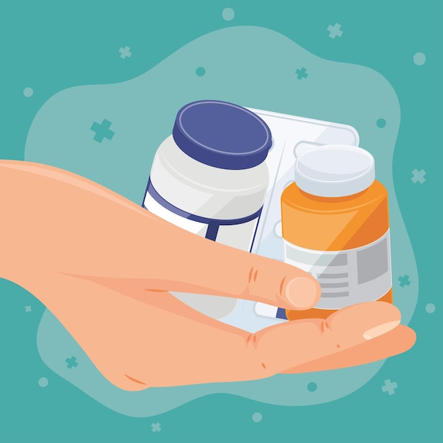 Free vector hands with medicine bottles prescription