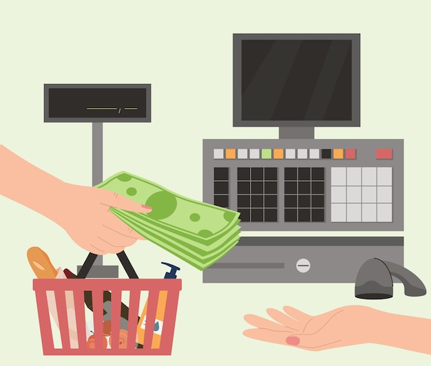 Бесплатное векторное изображение Руки с денежной плоской композицией с видом на кассу супермаркета, корзину для покупок и наличные, дающие векторную иллюстрацию