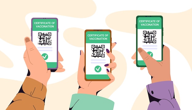 Hands with smartphones showing green certificate of vaccination