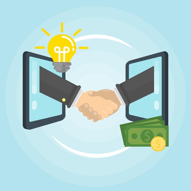 Free Vector handshake between screens shaking hands in agreement of collaboration money and idea