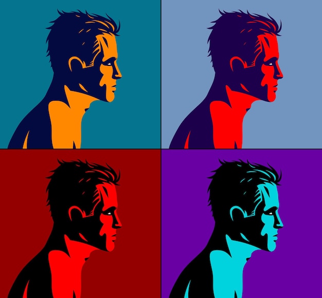 さまざまな色のベクトルアートに設定されたハンサムな男のプロファイル。