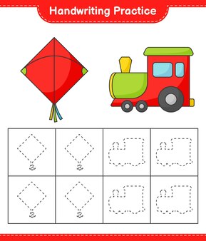 Почерк практика. трассировка линий воздушного змея и поезда. развивающая детская игра, лист для печати, векторные иллюстрации