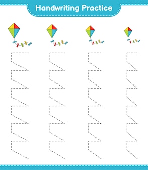 Практика почерка. трассировка линий kite. развивающая детская игра, лист для печати, векторные иллюстрации